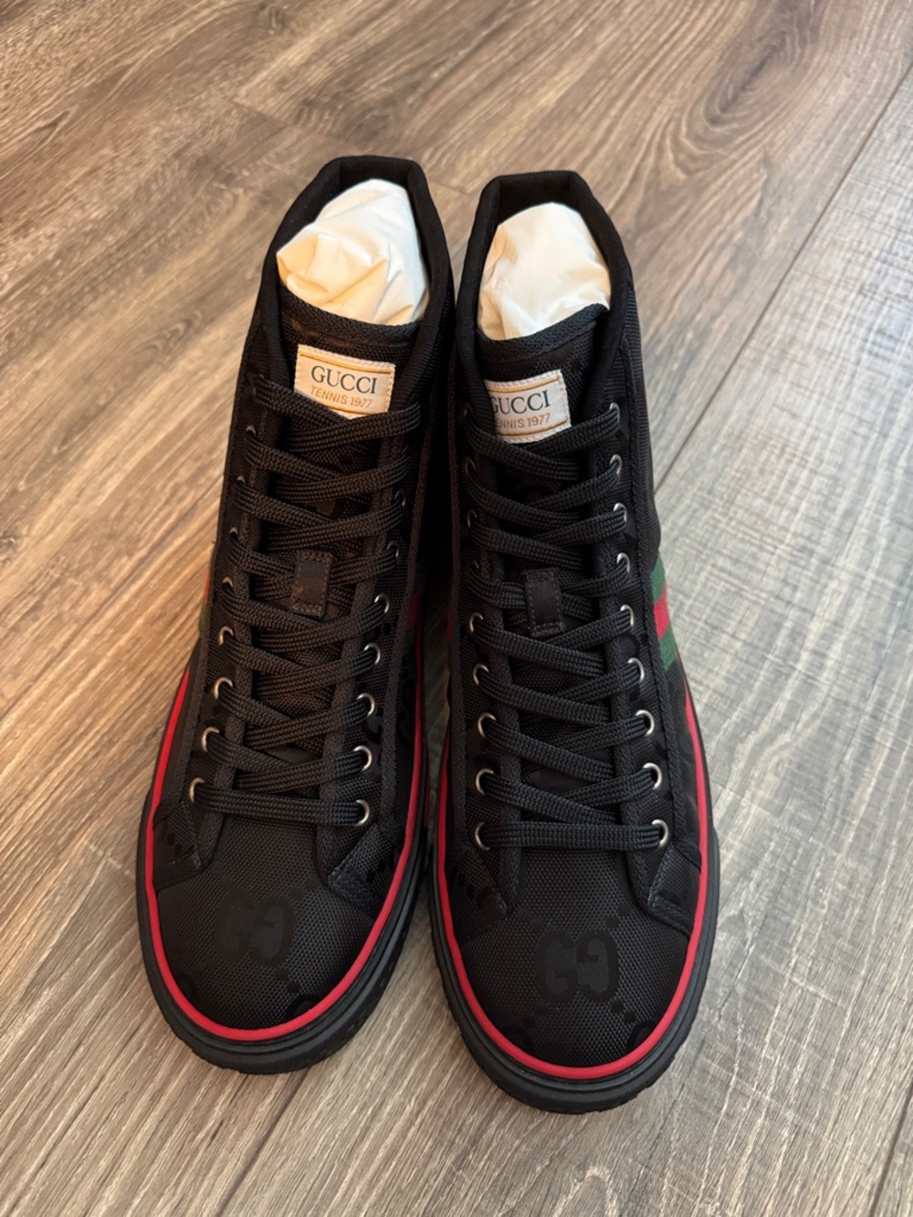Gucci Men's Black High-Top Sneakers with Red & Green Web Stripe - Picture 2 of 12